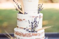 28 semi naked wedding cake decorated with lavender and wheat looks delicious