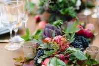 29 farm-inspired table runner with greenery, veggies and berries for a rustic wedding