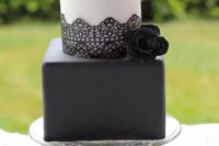 29 matte black and white modern cake with black lace and black cream roses decor