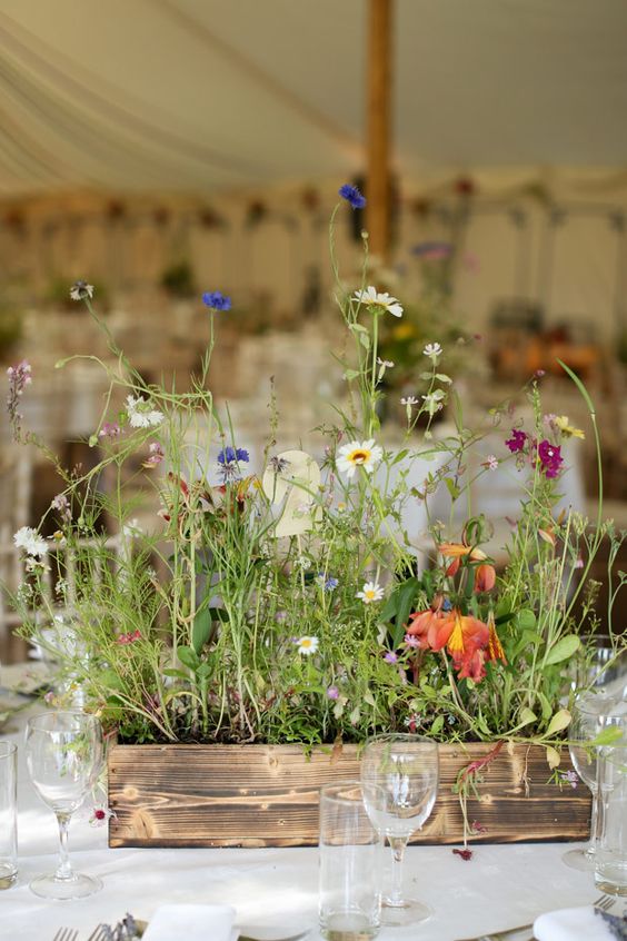 a lovely summer wedding centerpiece of a wooden box and planted wildflowers is amazing