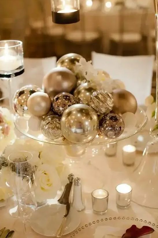 A silver ornaments will be an easy, budget friendly and glam centerpiece is a cool idea for a NYE wedding
