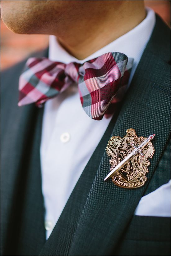 a Gryffindor boutonniere and a plaid bow tie are stylish accents for a magical look