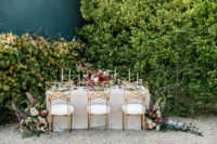 03 The wedding tablescape was full of bold colors, gold and glam, and look at those chairs – they are so art deco