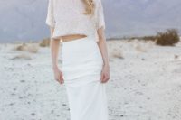 03 a fitting plain skirt and a sparkling short sleeve crop top create a chic modern bridal look