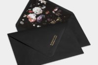 03 black envelopes with moody floral lining are right what you need for a dark-inspired wedding