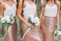 03 bridesmaids in white tops and copper sequin maxi skirts look glam and chic