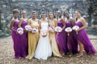 04 bridesmaids in purple and maids of honor in gold dresses look exquisite