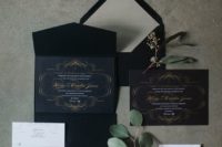 05 black wedding stationery with grey touches and gold calligraphy