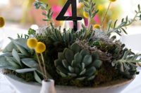 06 a large concrete bowl with moss, succulents, billy balls, a table number for a chic centerpiece
