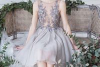 06 gorgeous lavender wedding dress with a sleeveless illusion bodice with lace appliques and beads