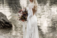 07 The boho lace wedding dress with wide sleeves and an open back looked very cool and the bouquet had ribbon that reminded of the dress
