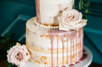 07 The first wedding cake with pink dripping, edible pearls and blush roses