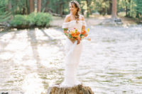 07 The second dress was off the shoulder, with ruffles, and the bride carried a bold bouquet of orange, yellow and red