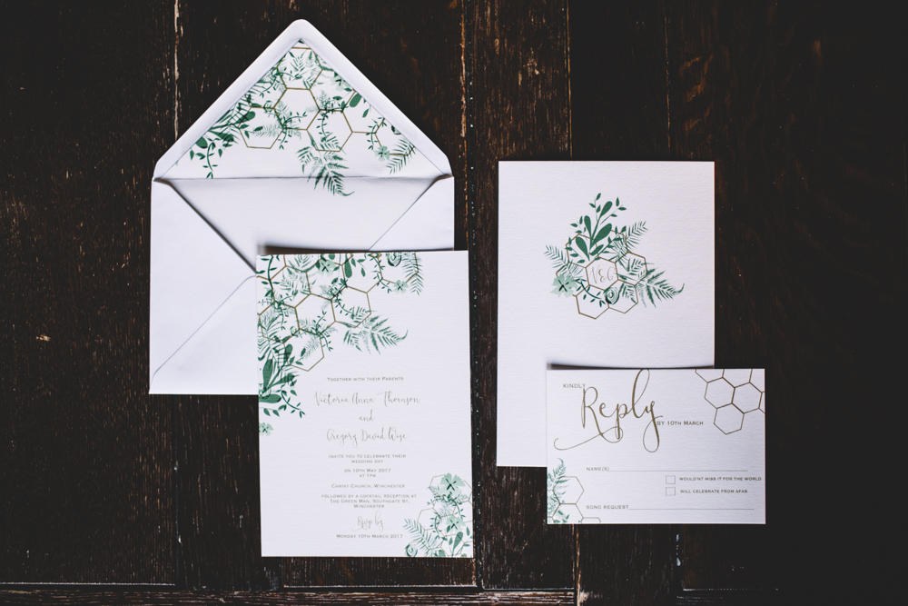 The wedding stationery was done with a hex print and greenery to fit the shoot decor