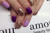 07 lilac, purple and gold glitter nails look wow and chic