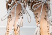 gorgeous embellished heeled sandals with pearls, rhinestones and tassels