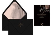 08 matte black wedding stationery with watercolor neutral lining and realistic bloom prints