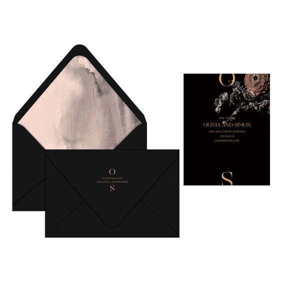 matte black wedding stationery with watercolor neutral lining and realistic bloom prints