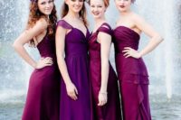 08 purple and fuchsia mismatched bridesmaids’ dresses