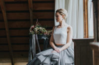 09 The bride was rocking a chic modern separate with a white lace crop top and a grey layered skirt