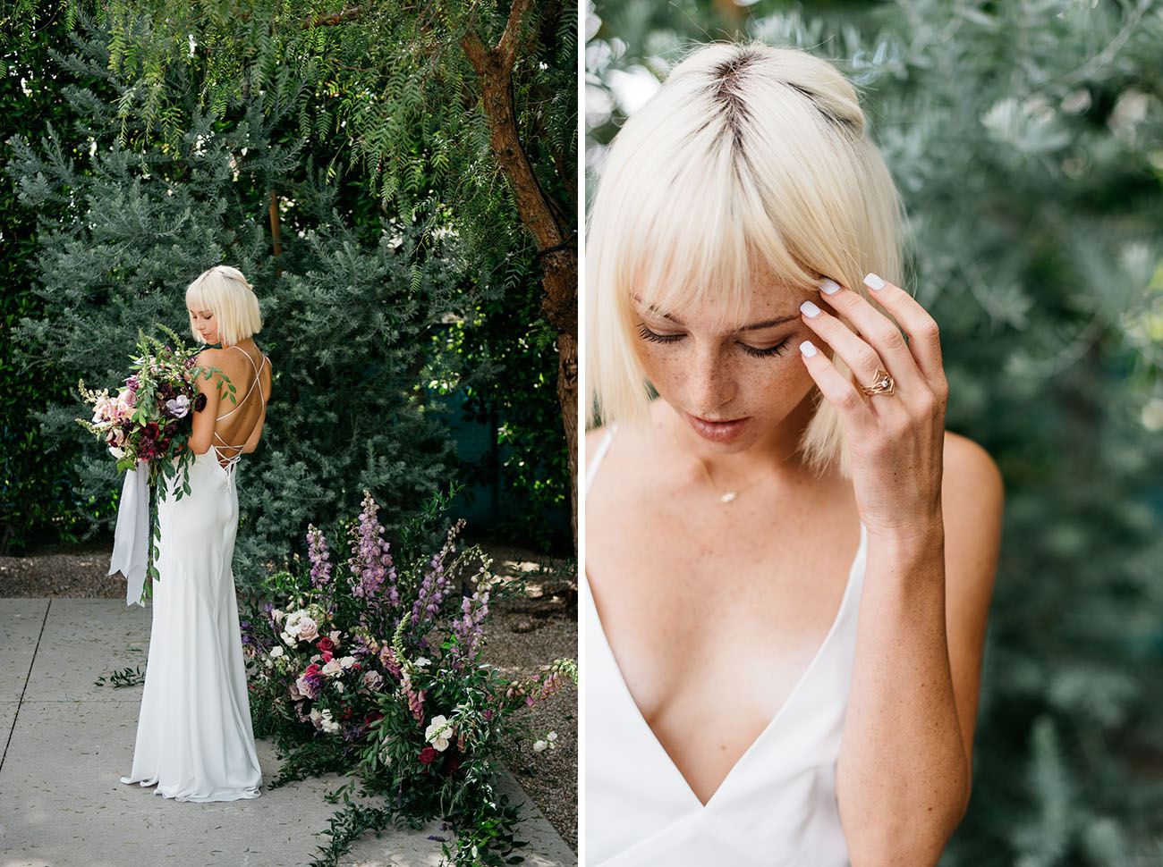 The bride was wearing a plunging neckline wedding dress with a strappy back