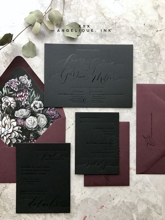 plum and black wedding stationery with pressed calligraphy and floral lined envelopes for a fall wedding
