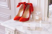09 red suede bow heels for an elegant bride
