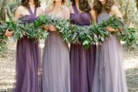 10 bridesmaids in lavender and purple dresses that look matching and very chic