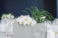 10 cinder block centerpiece with a succulent and white orchids