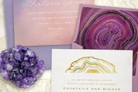 10 purple, gold and pink shades wedding stationery with agate prints
