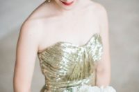 10 strapless gold sequin wedding dress, chandelier earrings and a red lipstick