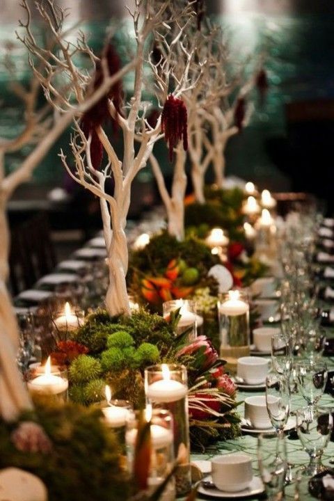 enchanting wedding tablescape with moss, blooms and white trees for a unique look