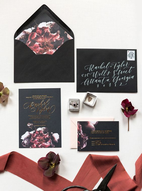 black wedding stationery with dark burgundy and plum realistic floral touches and gold calligraphy