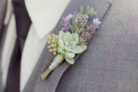 14 a grey wedding suit with a succulent and lavender boutonniere and a black tie looks wow