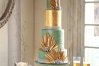 14 a mint and metallic gold art deco wedidng cake with spiky gold decor, beads, rhinestones