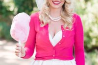 15 a hot pink cropped cardigan with long sleeves and a matching lipstick for a colorful wedding