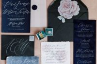 20 black, navy wedding stationery with watercolor blue touches and white calligraphy