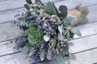 21 a rustic weddign bouquet with succulents, pale greenery and lavender
