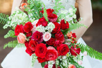 23 oversized textural red and blush roses wedding bouquet with fern