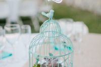25 a blue cage with moss, succulents and a table number on top for trendy decor