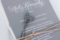 25 grey and lavender wedding menu with twine