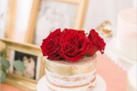 26 naked and gold top wedding cake with red roses looks chic and timeless