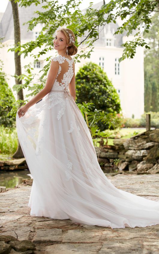 romantic cap sleeve wedding dress with an illusion lace back and a sash
