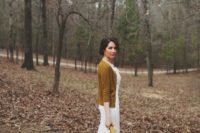 28 mustard wedding cardigan for a fall bride and matching ribbons on the bouquet