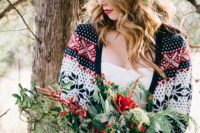 29 patterned cardigan brings a Christmas feel to the bridal look