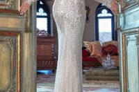 30 sparkling silver sheath wedding dress with illusion sleeves and an illusion racerback