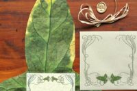a creative LOTR wedding invitation suite with a large leaf as an envelope is a cool idea for a fantasy wedding