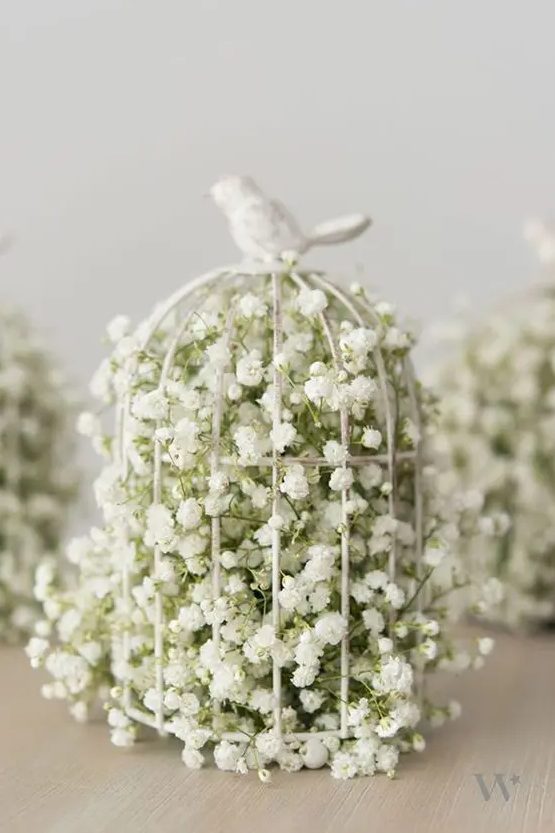 a mini cage filled with baby's breath is all you need for a cute look, such a decoration can be rocked for a spring or summer wedding