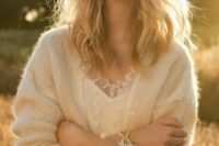 a neutral cardigan with delicate lace detailing will be a nice idea for a boho bride, it will add romance to the look