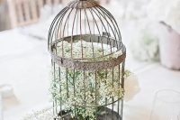 a shabby chic birdcage with a bird on top and some baby’s breath is a cool idea for a wedding with a vintage feel